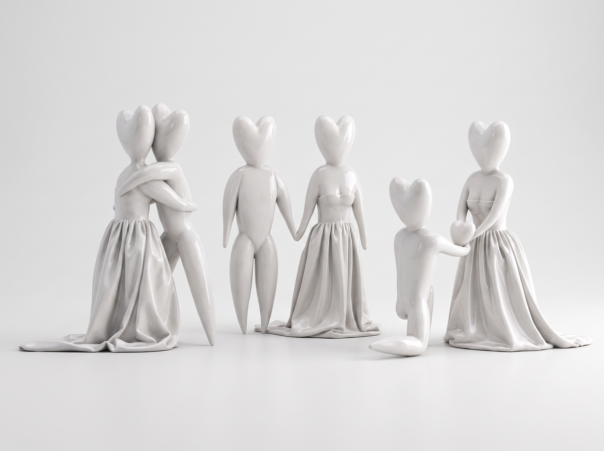 Le tre pose di partenza della scultura The Hug Wedding