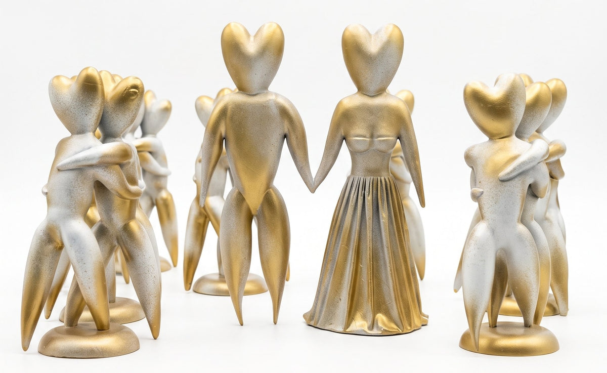 Sculture The Hug con finitura metallica oro e argento