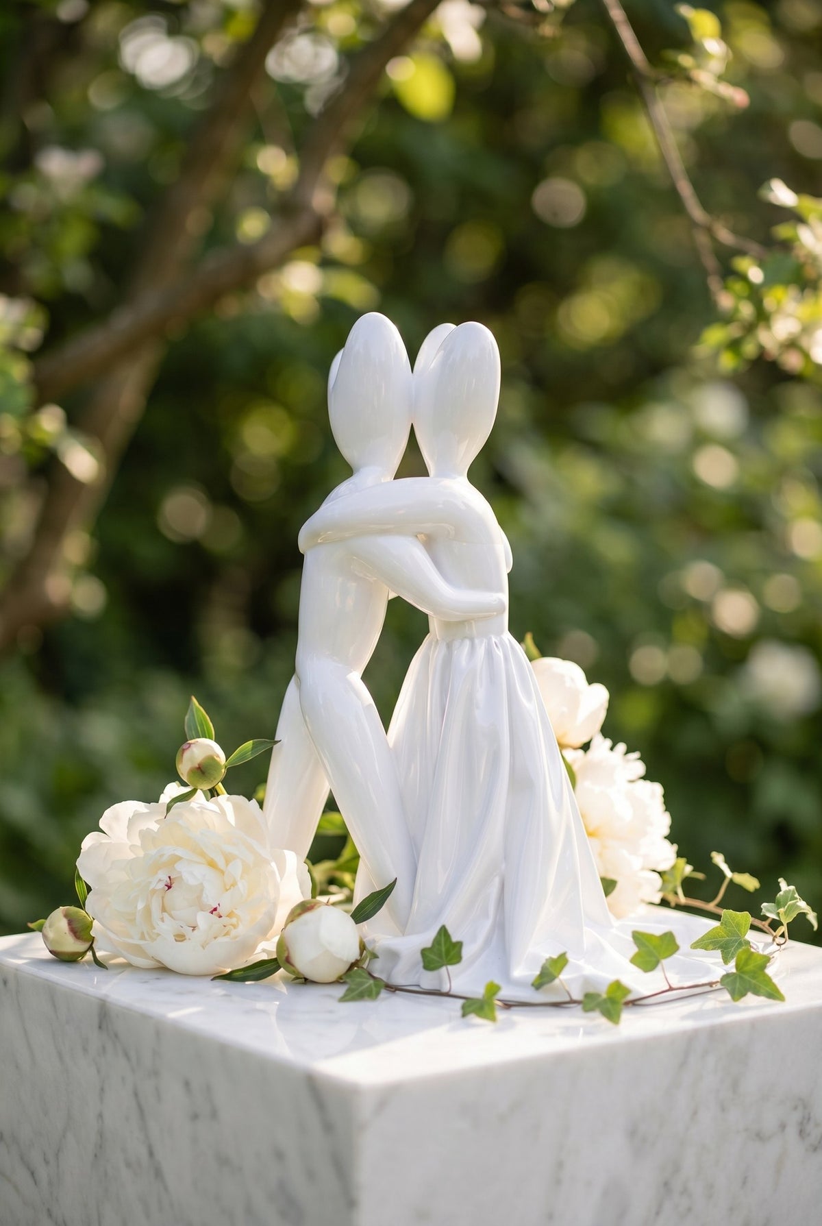 Scultura The Wedding Hug tra peonie bianche su marmo